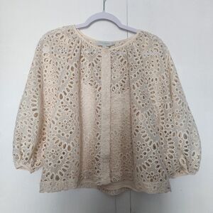 Ted Baker Ivory embroidered Lace button down blouse  Balloon Sleeve 3 Large